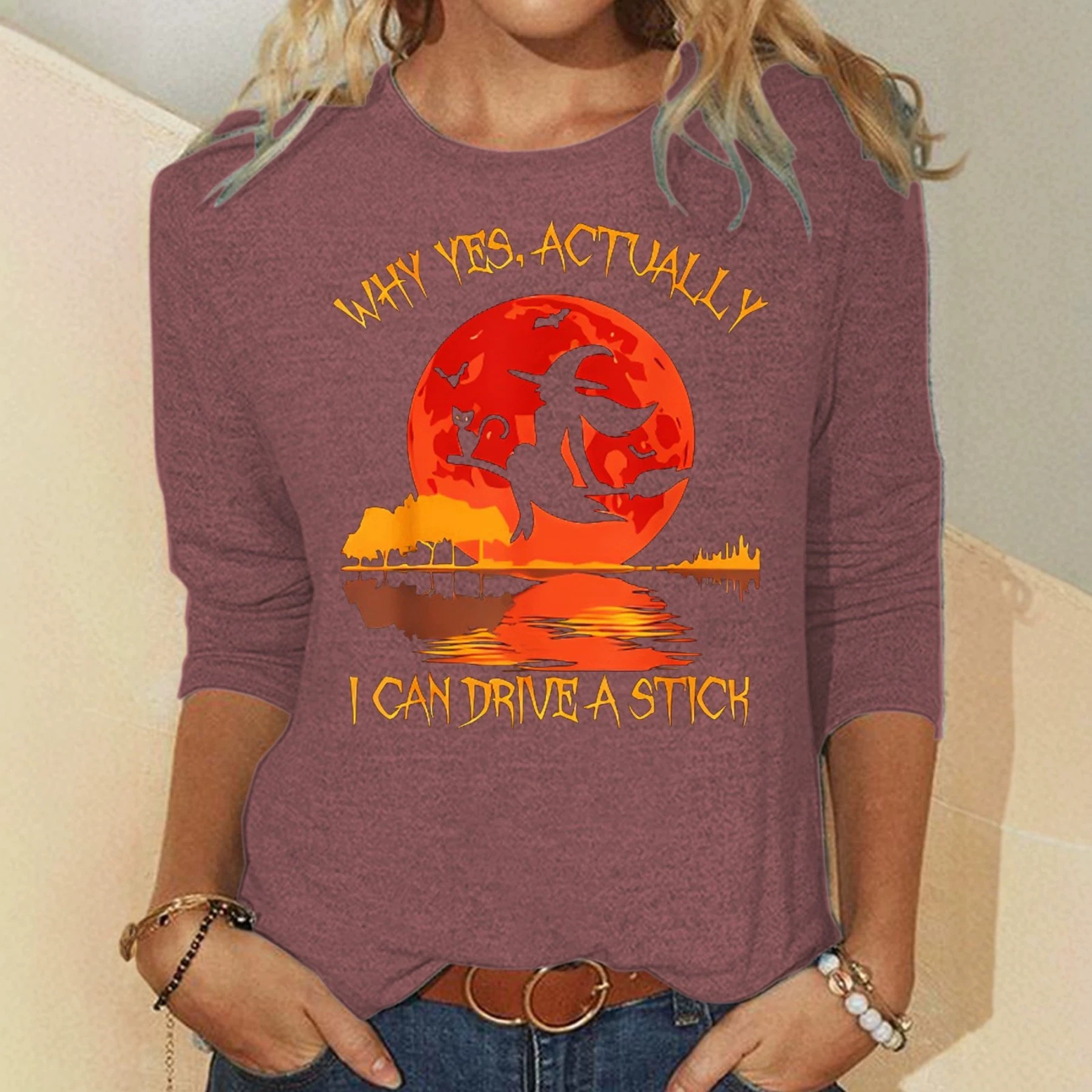 Halloween Witch Letter Print Crewneck Mid-Sleeve Top