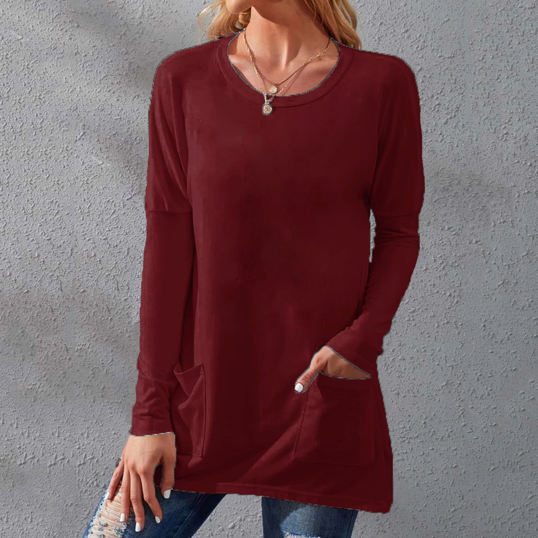 Women's Loose Fit Crewneck Short Sleeve Pocket Solid Midi T-Shirt