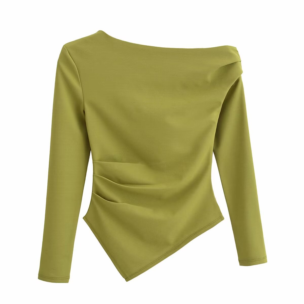 Women's Asymmetric Stretch Top – One-Shoulder Long Sleeve, Solid Color, Versatile