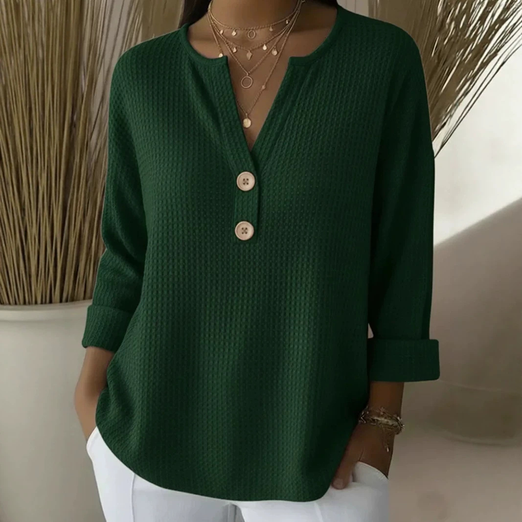 Women's V-Neck Waffle Knit Long Sleeve Pullover Sweater Solid Casual Top