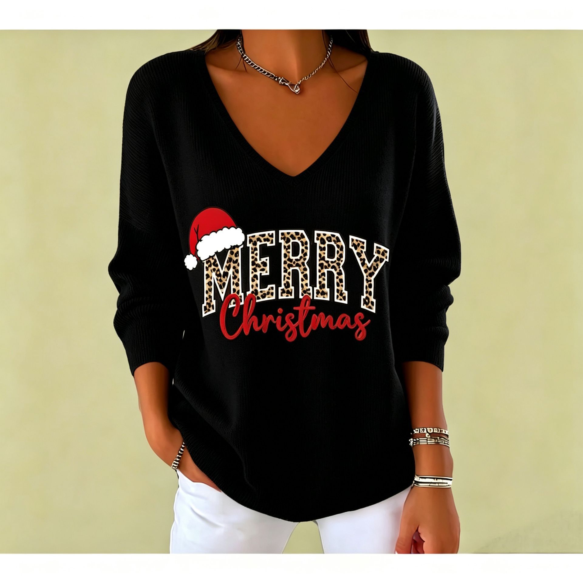 Christmas Letter Print V-Neck Long Sleeve Women's T-Shirt