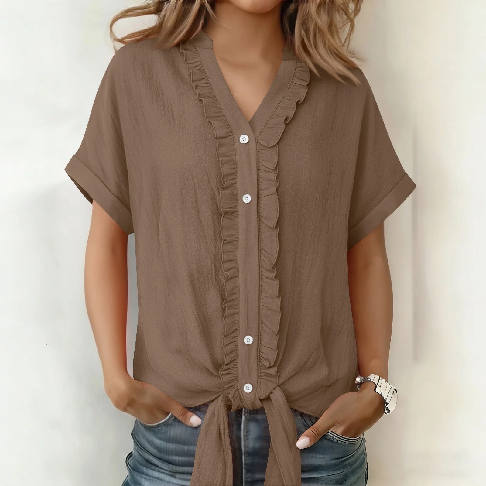 Women's Solid Color Short Sleeve Blouse T-Shirt Casual Loose Fit V-Neck
