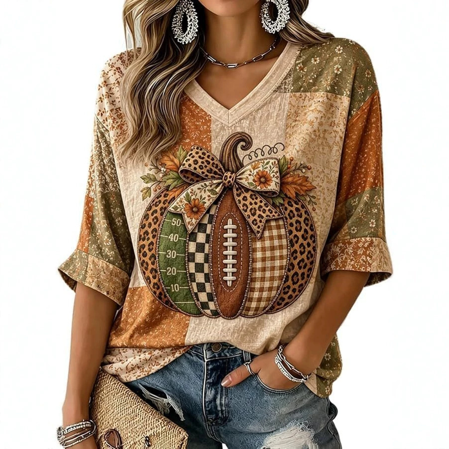 Halloween Pumpkin Bow Print V-Neck Half-Sleeve Women's T-Shirt