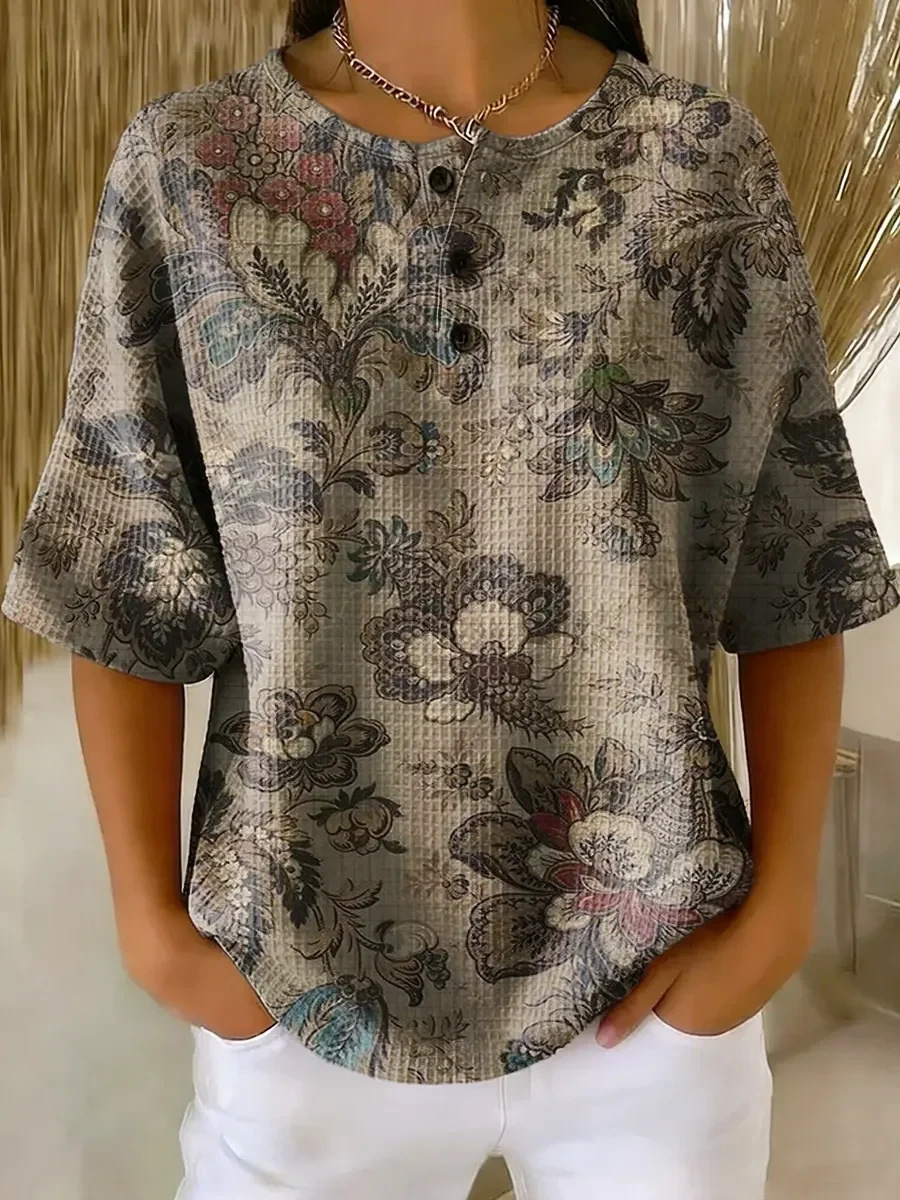 Floral Plaid Print Crewneck Short Sleeve Button Top