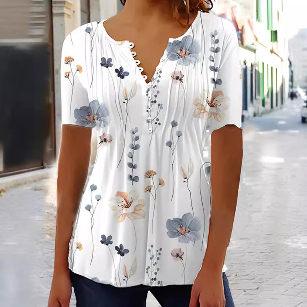 Women's Summer Printed Short Sleeve Pleated Button T-Shirt