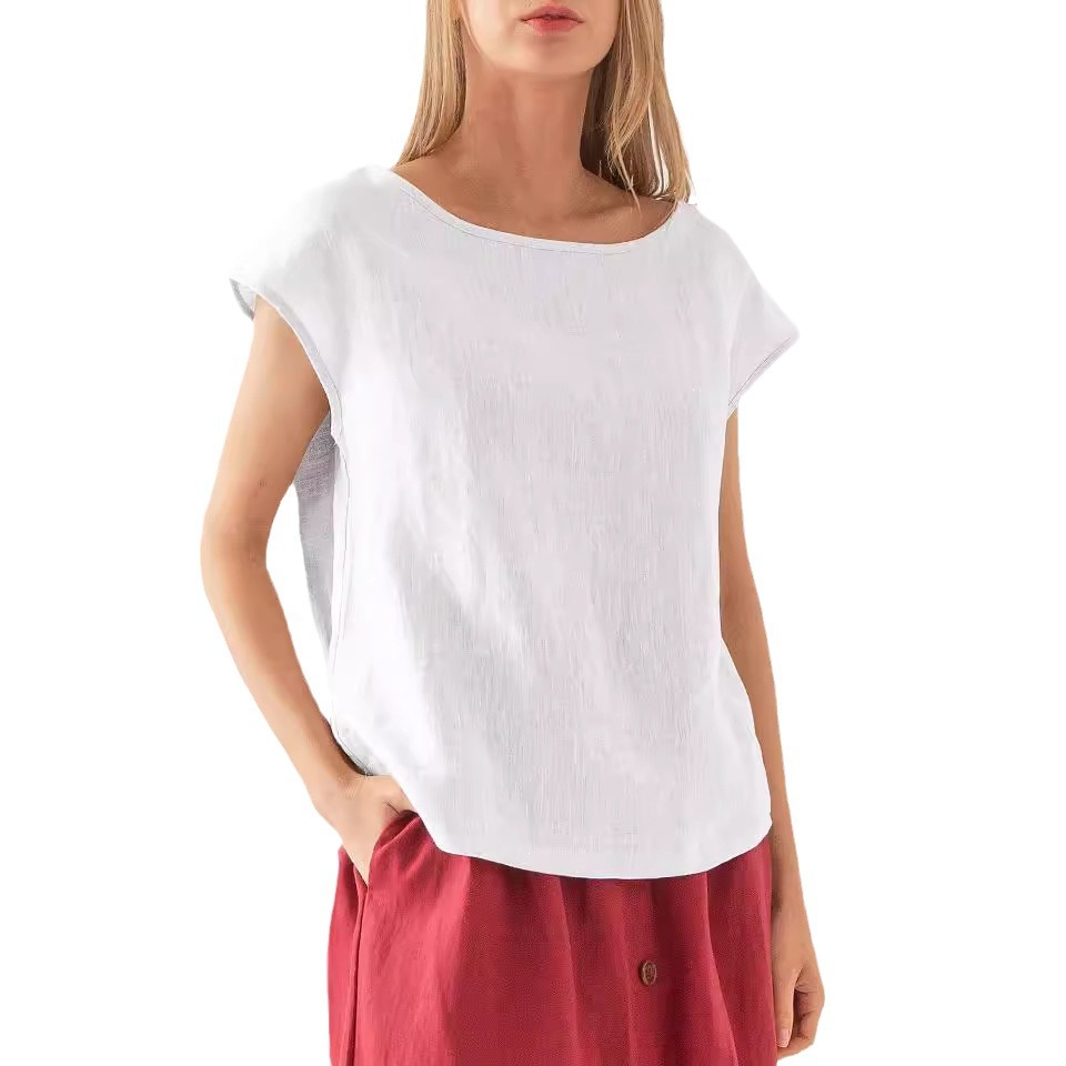 Women's Linen Short Sleeve Crewneck T-Shirt Solid Color Loose Fit