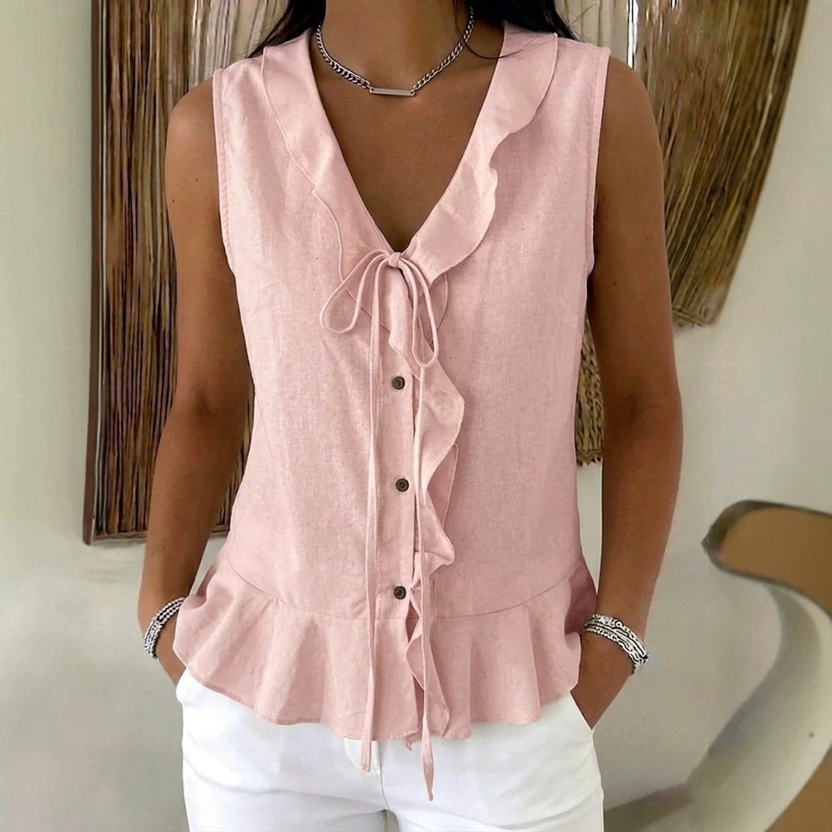 V-Neck Ruffle Tie Sleeveless Tank Top with Ruffle Hem Casual Women's Blouse