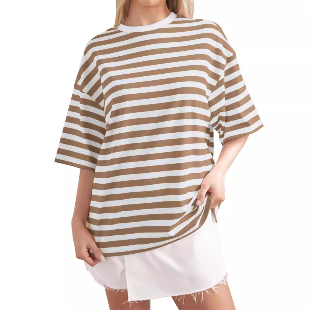 Striped Print Crewneck Half-Sleeve T-Shirt Casual Loose Fit