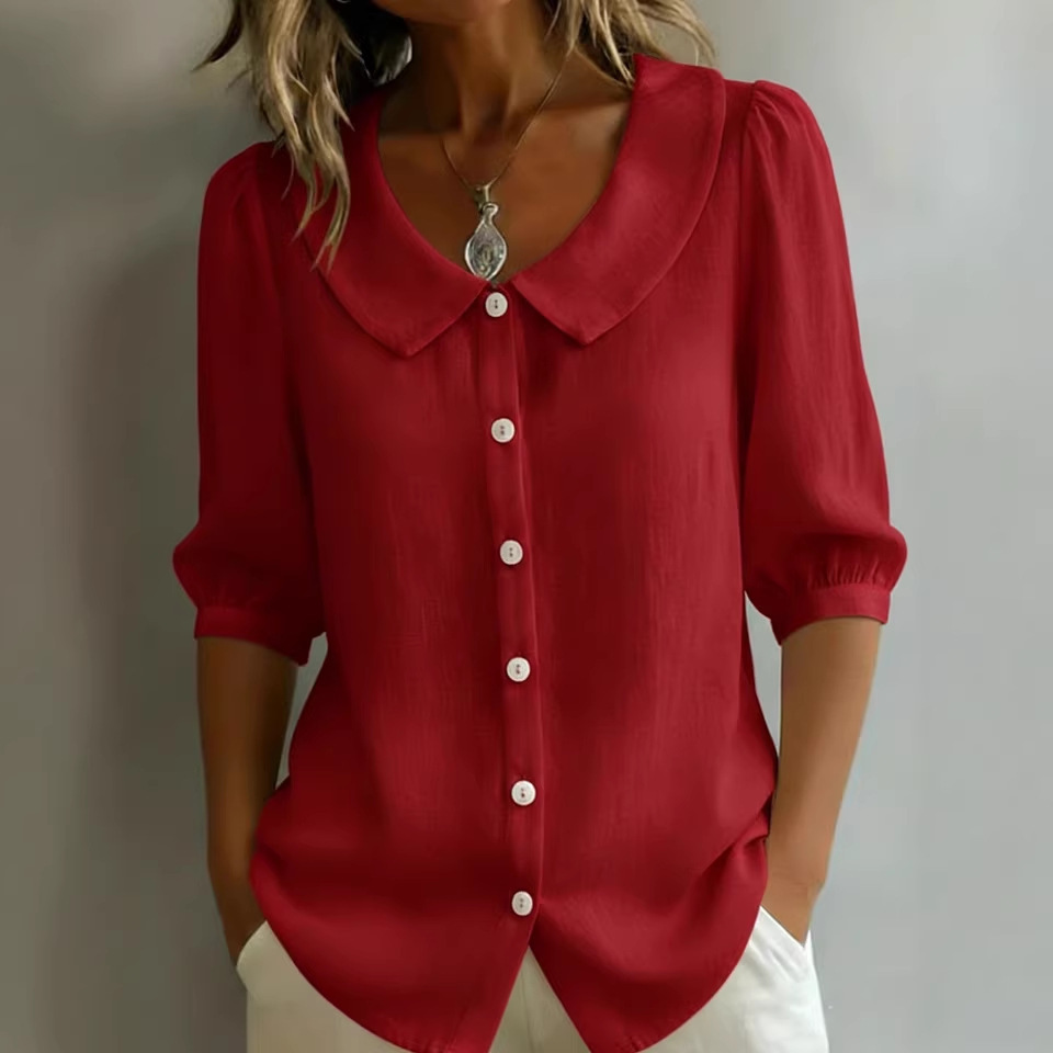 Women's Linen-Blend V-Neck Short-Sleeve Shirt Loose Casual Commuter Top