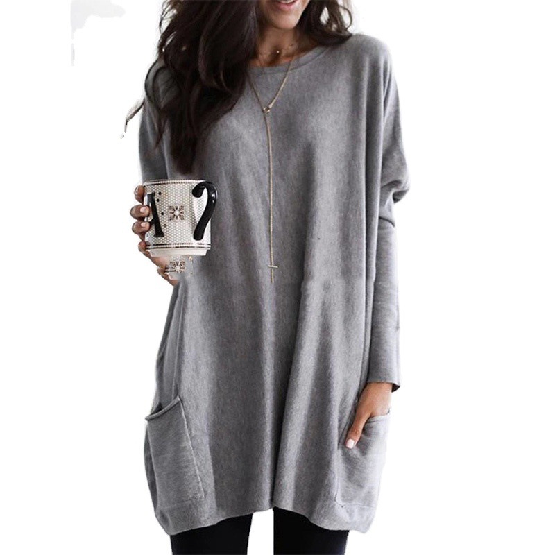 Women's Long Sleeve Pocket T-Shirt Casual Loose Fit Crew Neck Solid Color