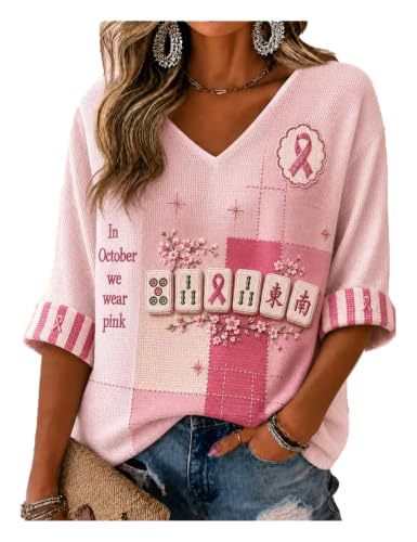 Ribbon Floral Mahjong Print V-Neck Mid-Sleeve T-Shirt