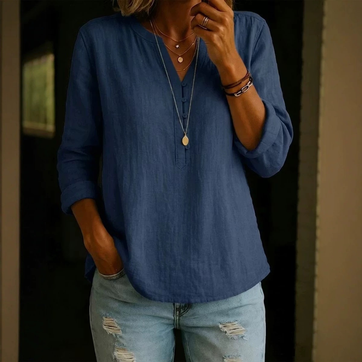 Cotton-Linen V-Neck Button-Front Long-Sleeve Top