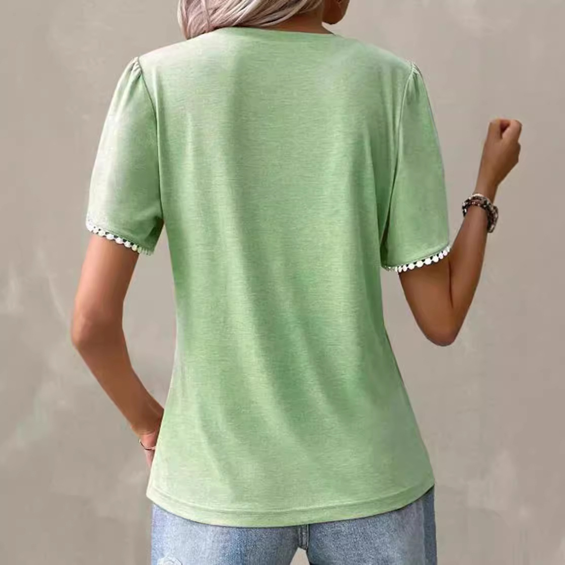 Pleated Short Sleeve T-Shirt with Petal Sleeves and Round Neck