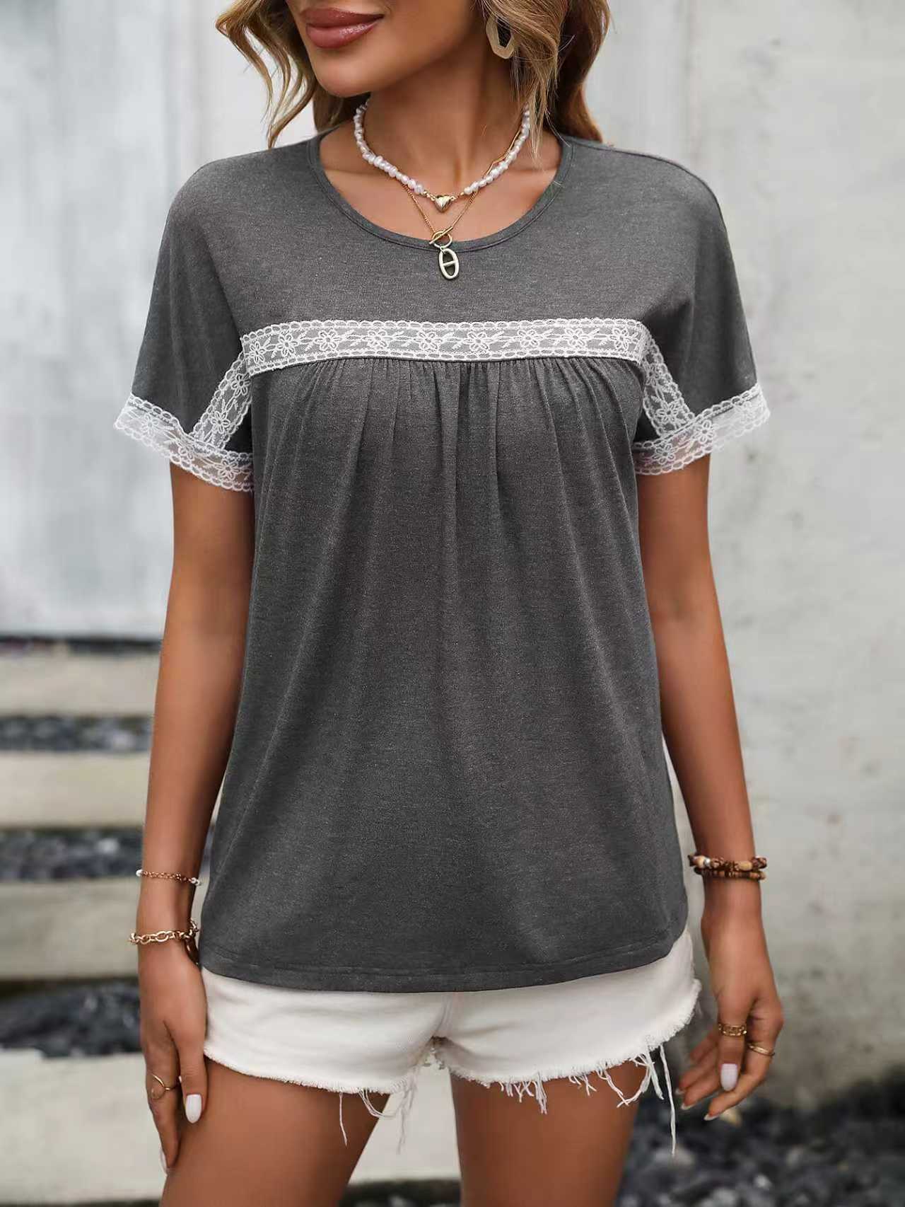Women's Lace Trim Crewneck Short Sleeve T-Shirt