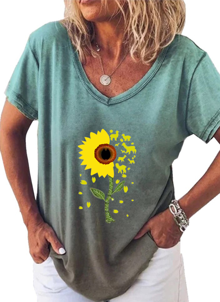 Sunflower Print V-Neck Short Sleeve Women's T-Shirt