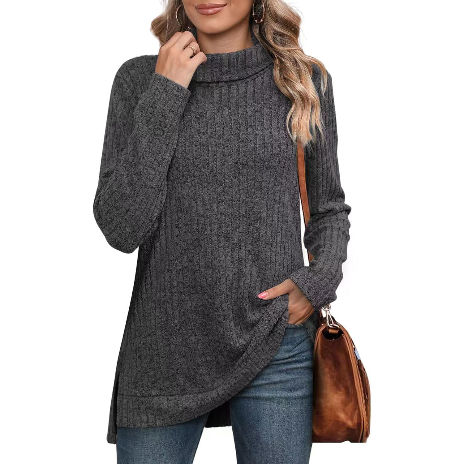 Women's Solid High Neck Slit Ribbed Loose Long Sleeve Top