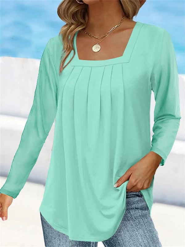 Women's Ruched Square Neck Long Sleeve Cotton-Blend T-Shirt