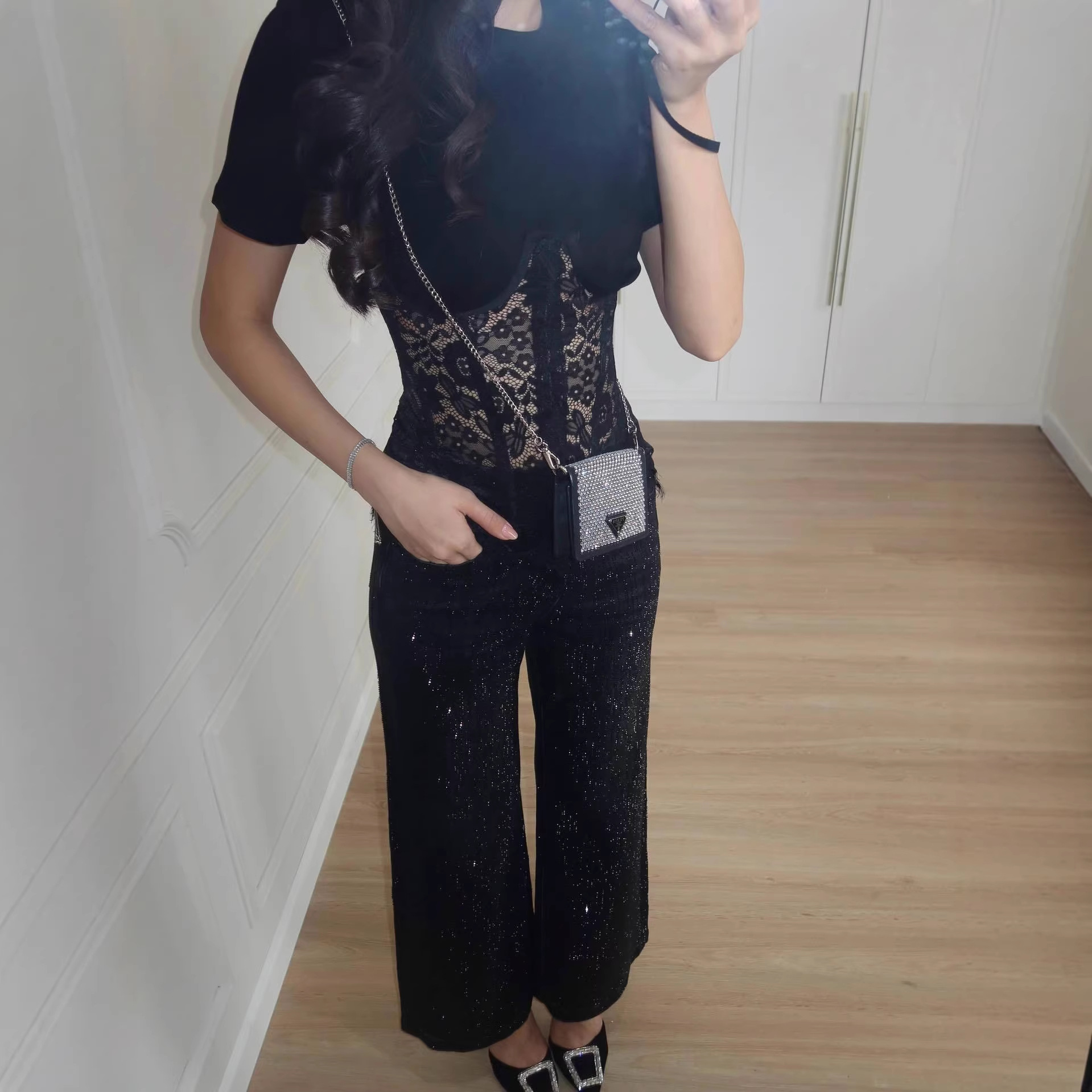 Solid Lace Panel Round Neck Short Sleeve Sheer Top