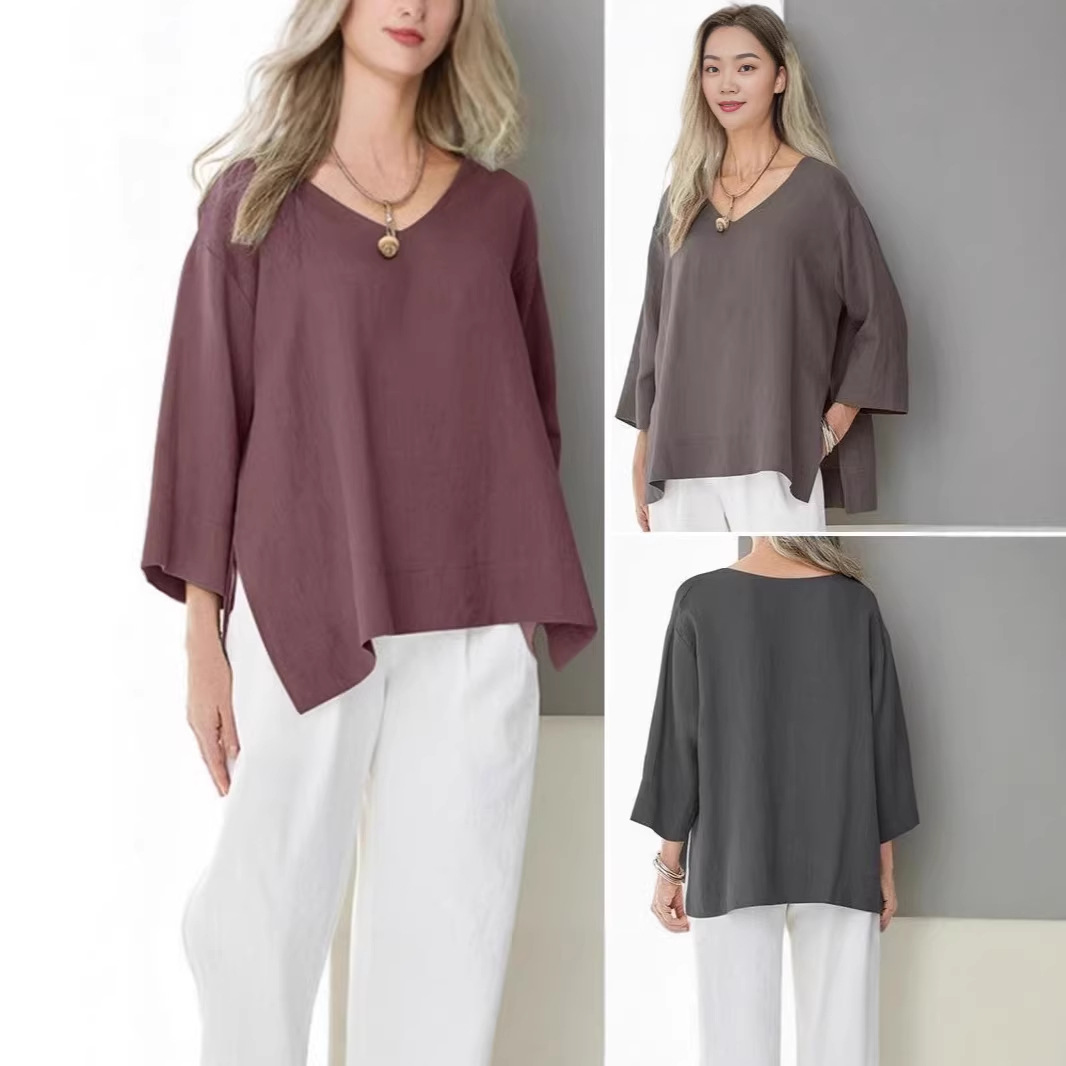 Women's V-Neck Cotton-Linen Shirt Top 3/4 Sleeve Side Slit Loose Plus Size