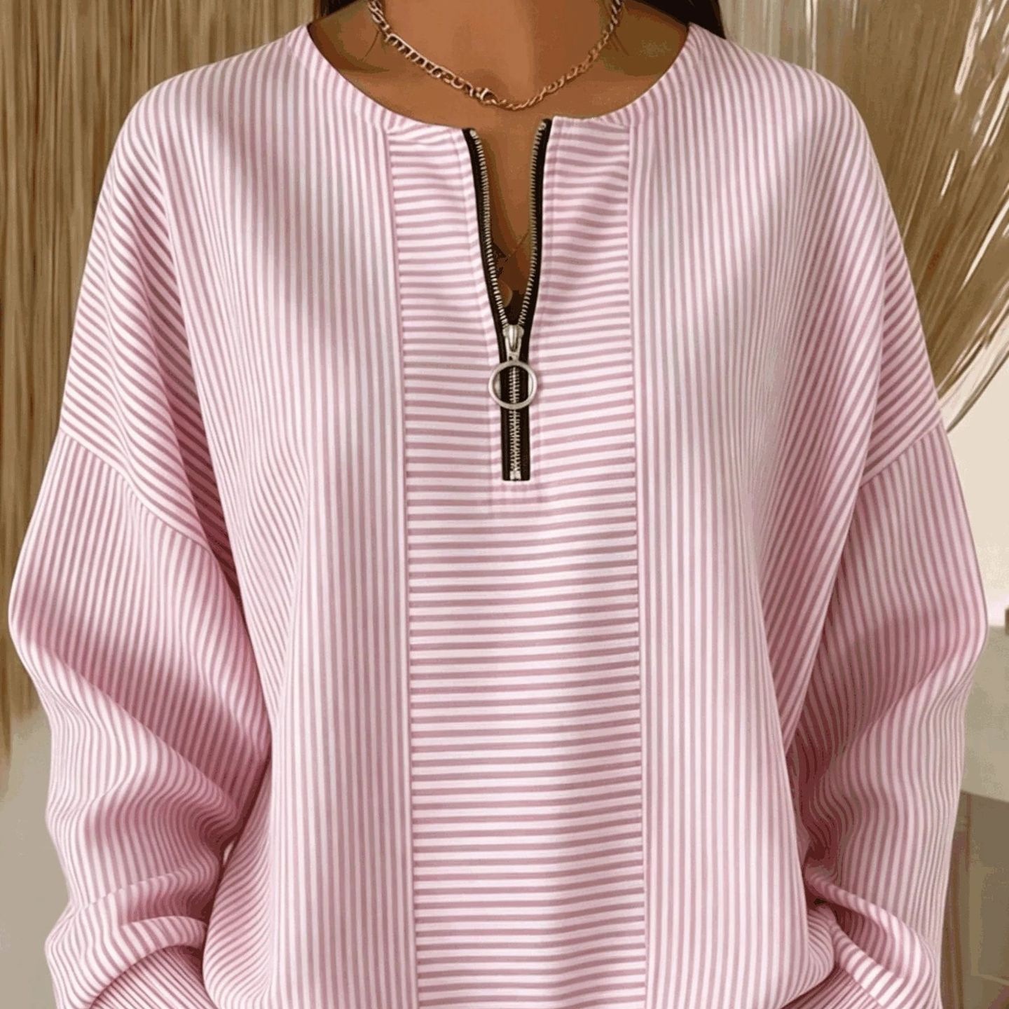 Striped Zip-Up Long Sleeve Loose Drop Shoulder Round Neck T-Shirt for Women