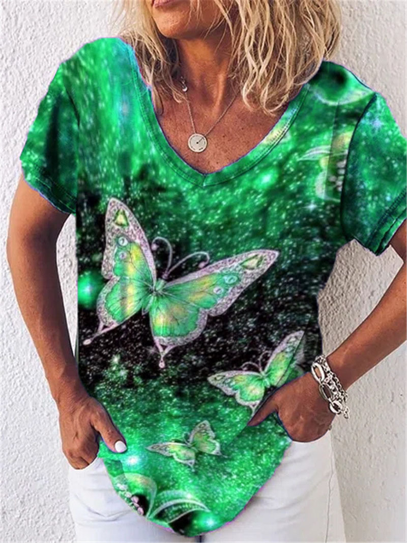 Women's V-Neck Butterfly Print Short Sleeve T-Shirt