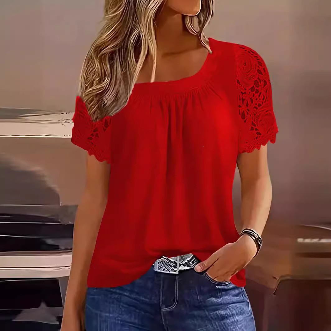 Women's Casual Round Neck Short Sleeve Lace T-Shirt