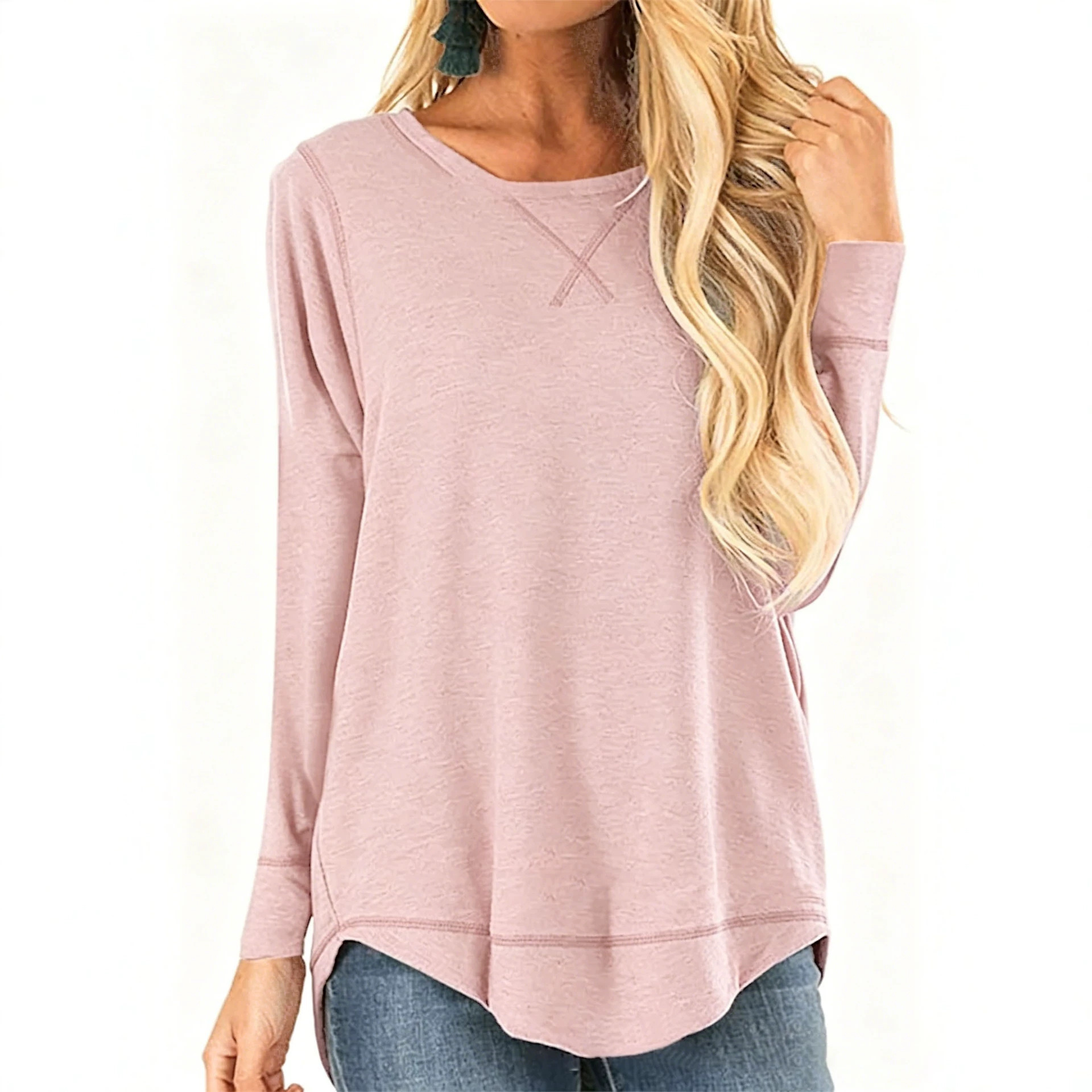 Women's Crewneck Long Sleeve T-Shirt Solid Loose High-Low Hem Casual Top