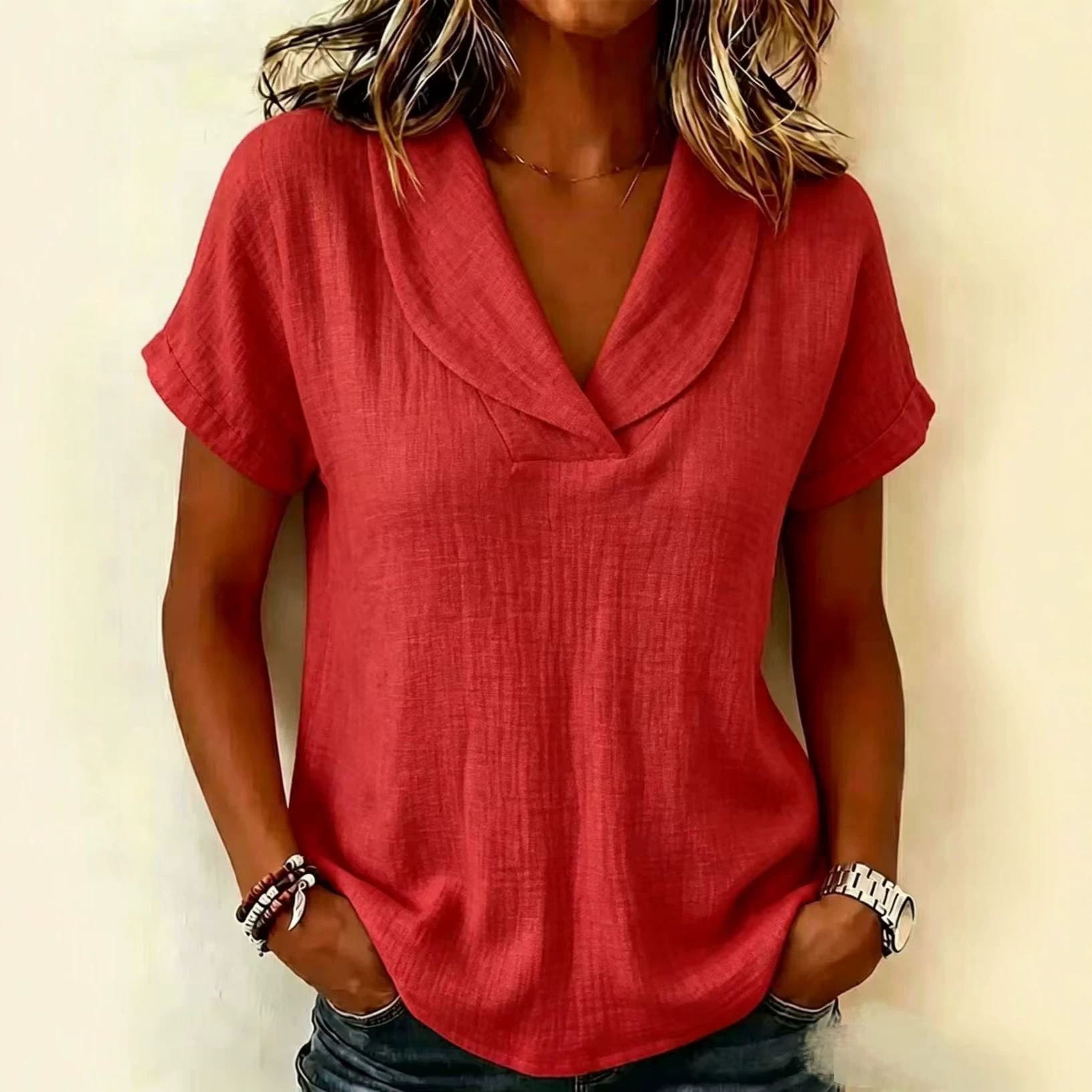 Women's Summer Solid Color Loose Short Sleeve Doll Collar Top