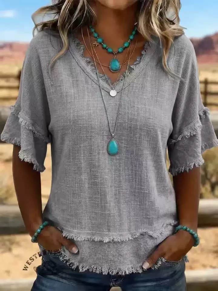 Women's Loose V-Neck Frayed Short-Sleeve T-Shirt Solid Casual Top