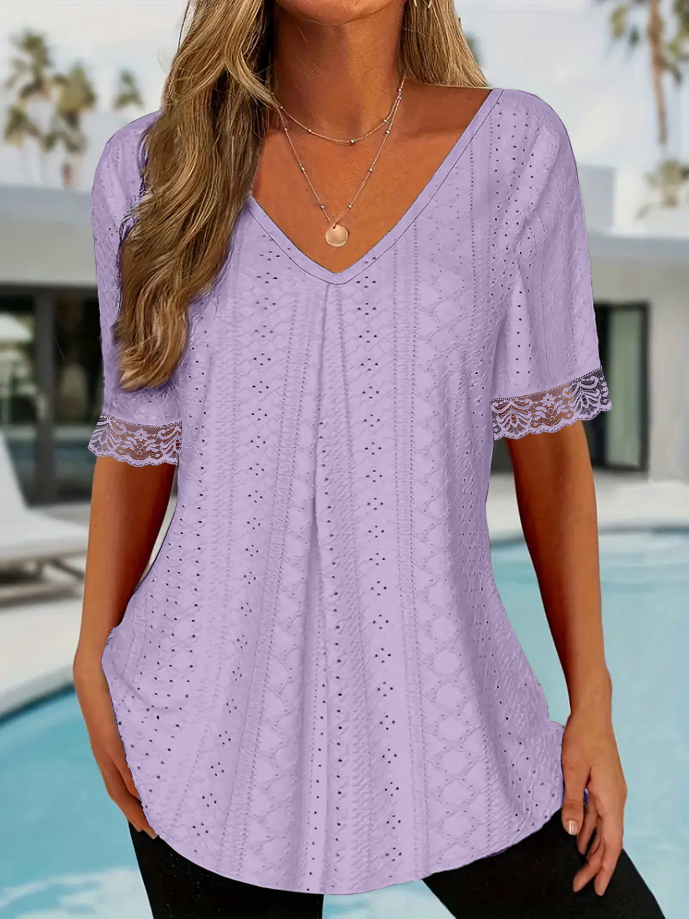 Women's Solid V-Neck Loose Short Sleeve Pleated T-Shirt