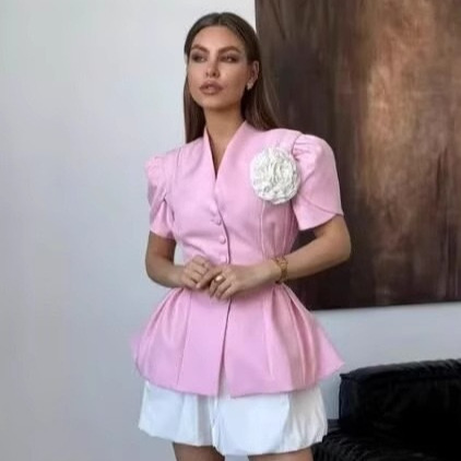 Women's Handmade Floral Waist-Tie Short Sleeve Blazer Top