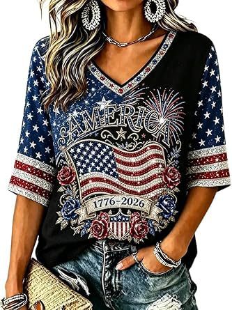 Women's American Flag Firework Print V-Neck Short Sleeve T-Shirt