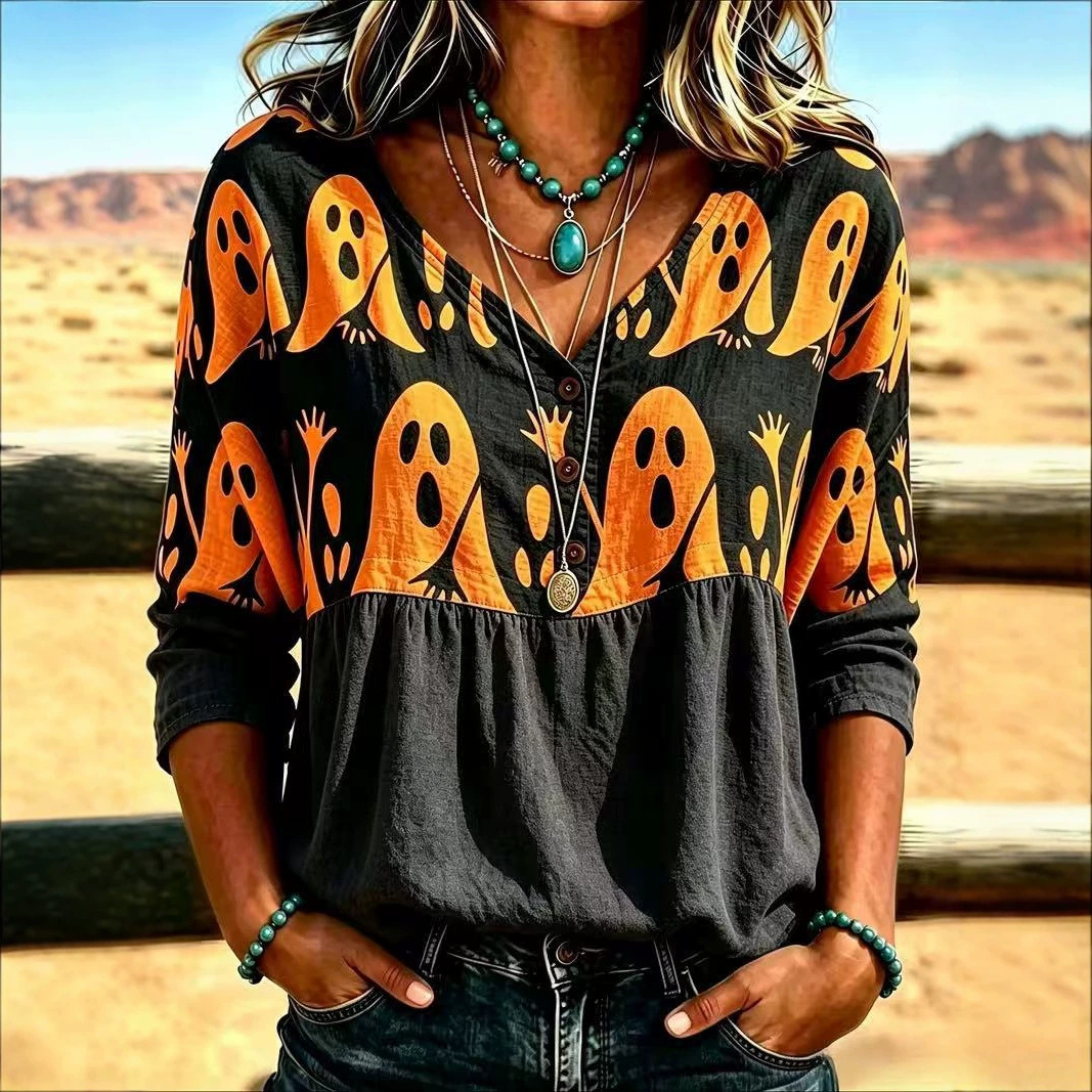 Halloween Ghost Print V-Neck Short Sleeve Women's T-Shirt