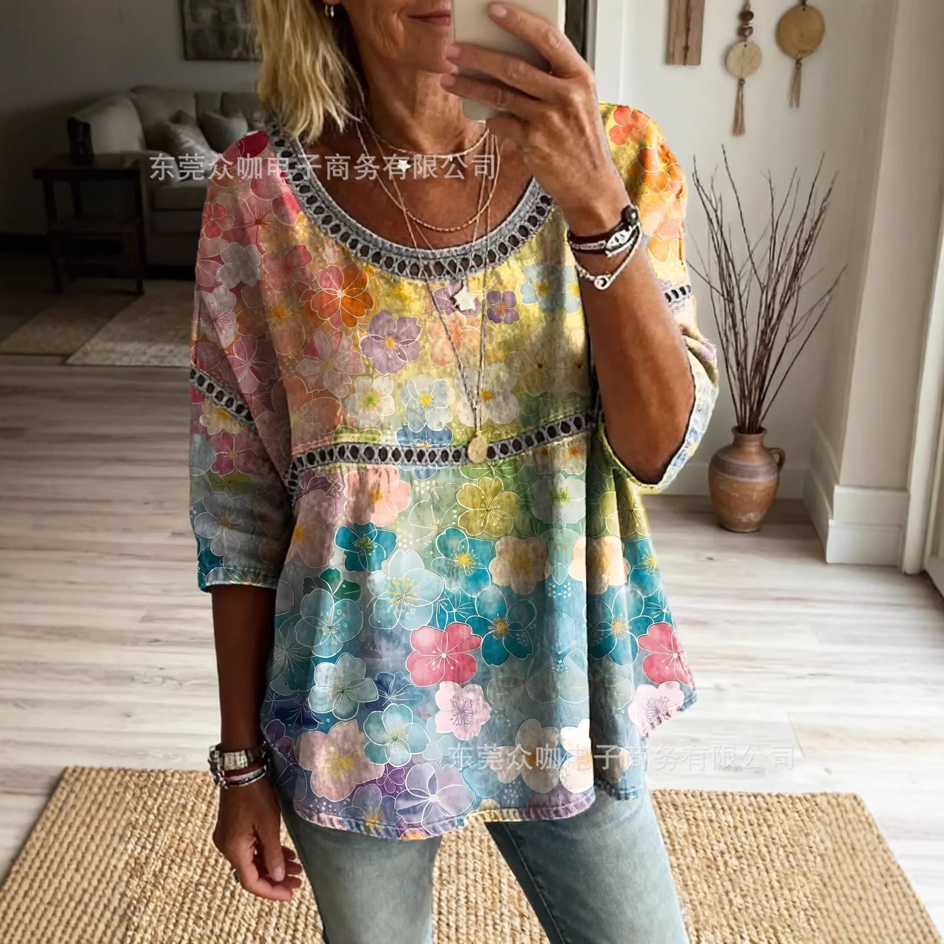 3D Floral Print Crewneck Half-Sleeve Ruched Top