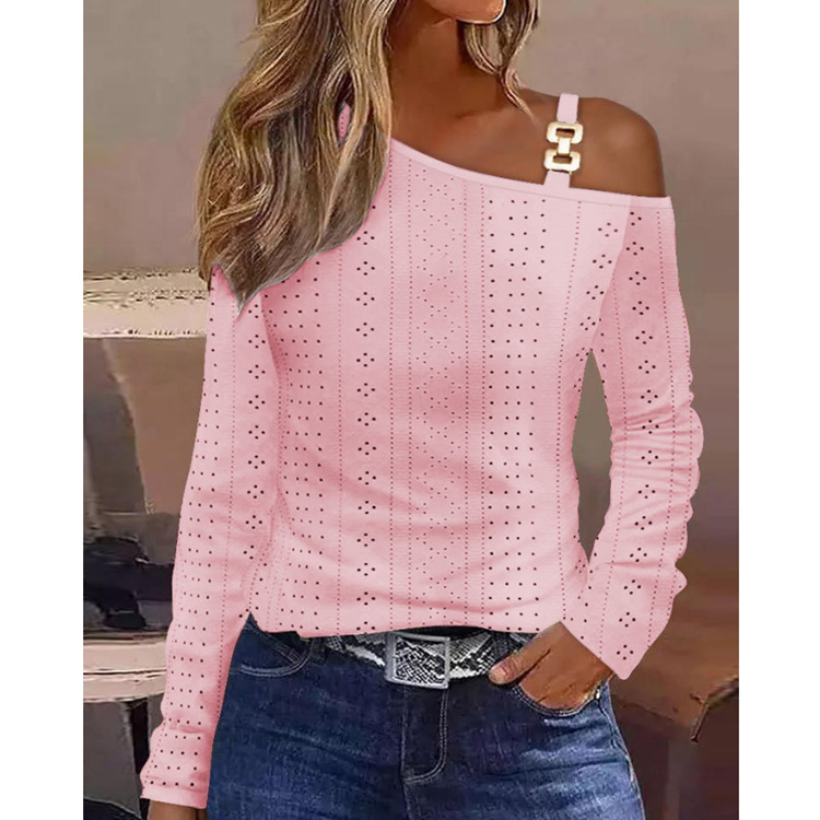 Women's Off-Shoulder Long-Sleeve Solid Color T-Shirt