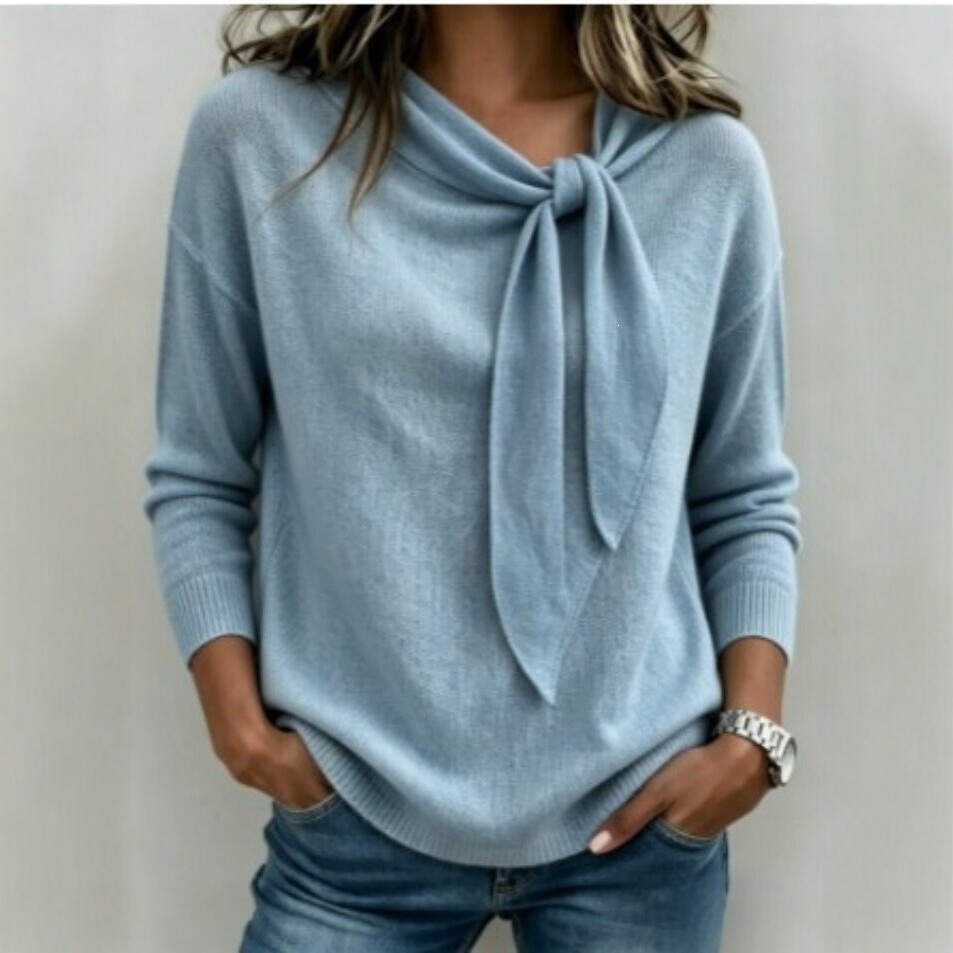 Women's Bow-Tie Neck Knit Long-Sleeve Top Solid Color Loose Casual Tee