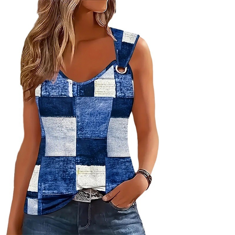 Women's Printed V-Neck Sleeveless Colorblock Top