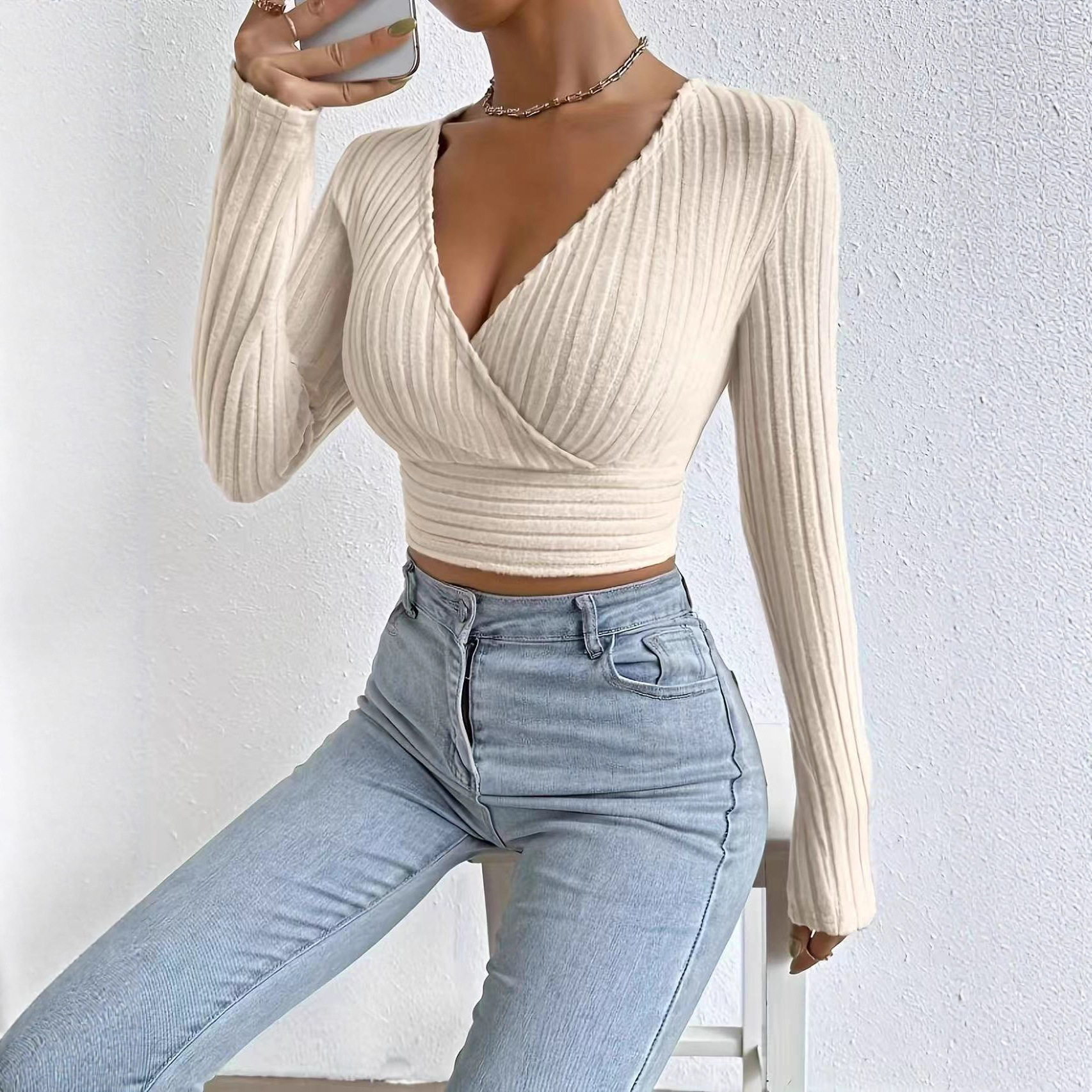 Deep V-Neck Cross-Front Slim Fit Long Sleeve Top