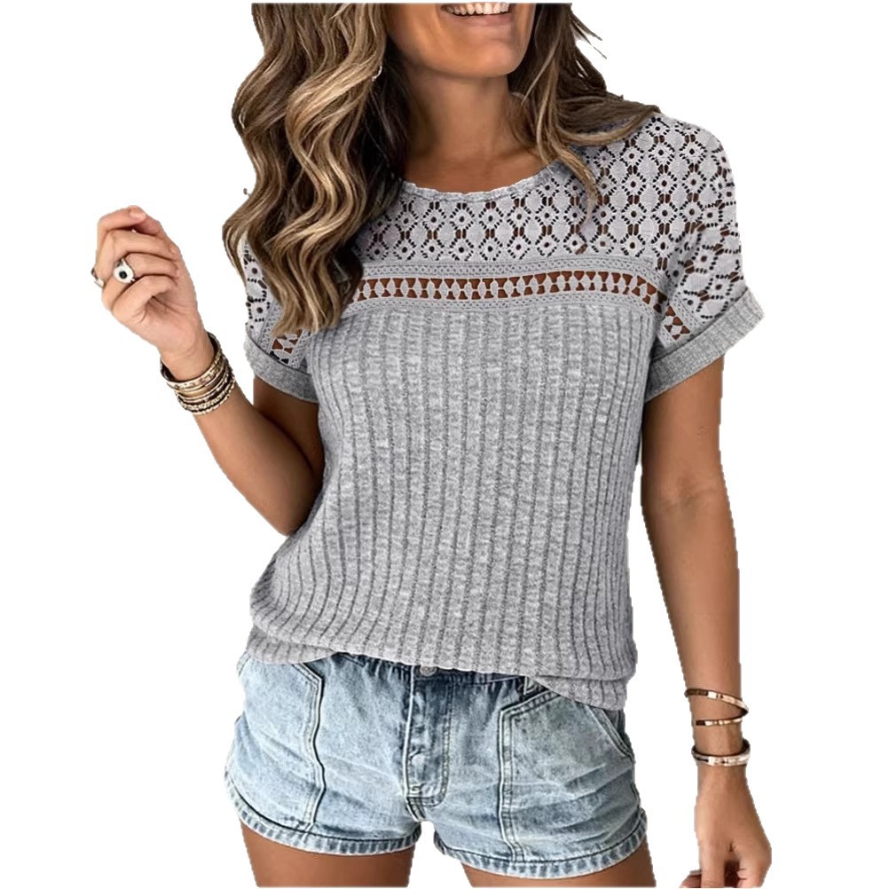 Women's Lace Hollow-Out Crew Neck Batwing Sleeve T-Shirt