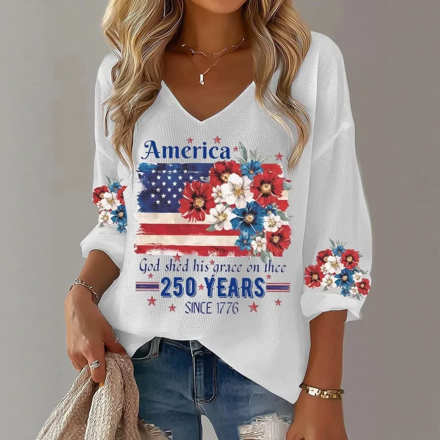 Women's Summer V-Neck American Eagle Flag Print Short Sleeve T-Shirt
