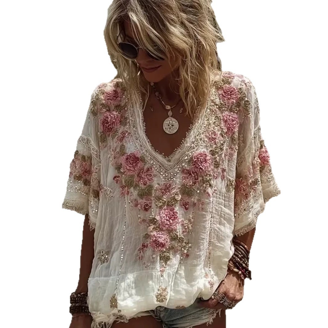 Floral Print V-Neck Short Sleeve Women's T-Shirt