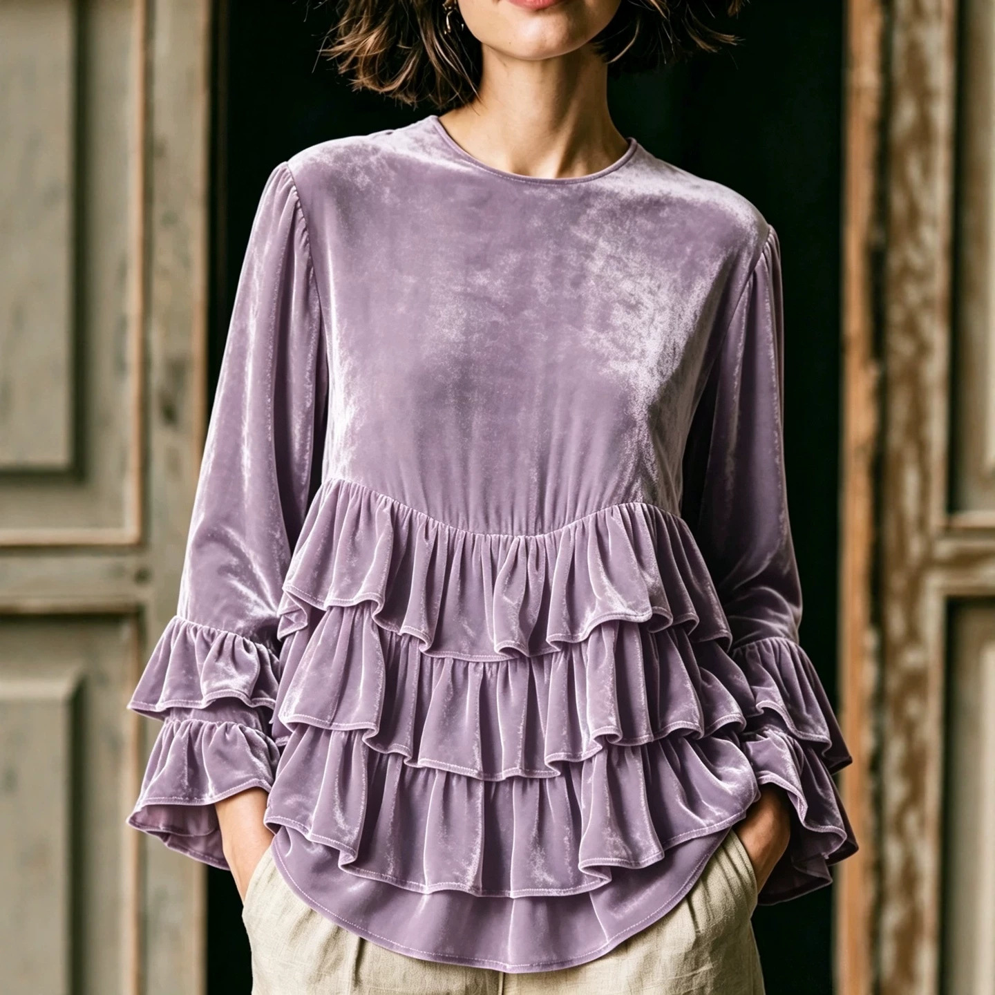 Women's Long Sleeve Ruffle Crewneck Solid Color Loose Casual T-Shirt