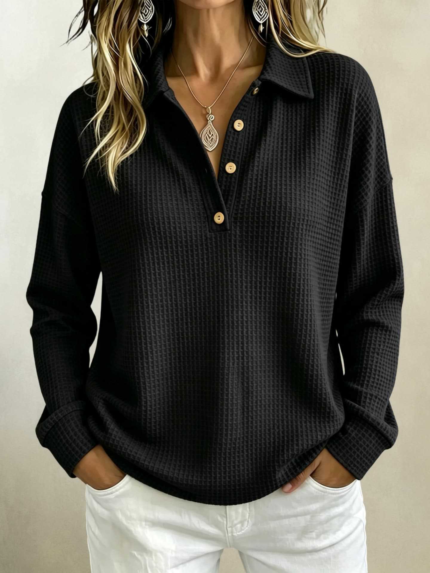 Waffle Knit Polo Collar Long Sleeve Top for Women Loose Half-Button Solid Color Henley Tee