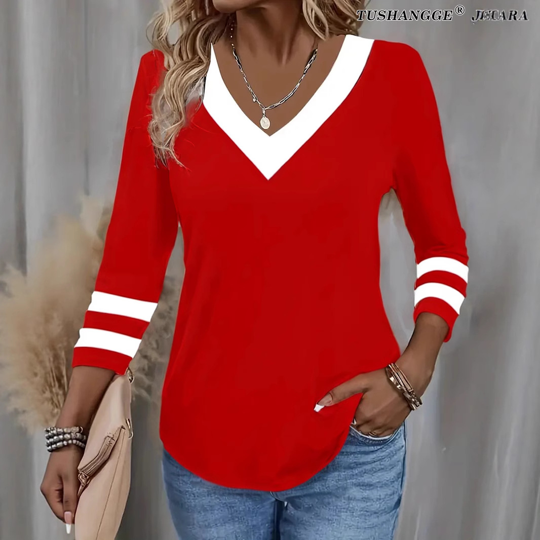 Colorblock Long Sleeve V-Neck T-Shirt