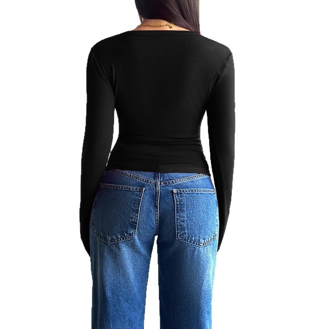 Women's Slim Fit Long Sleeve Button-Front V-Neck T-Shirt