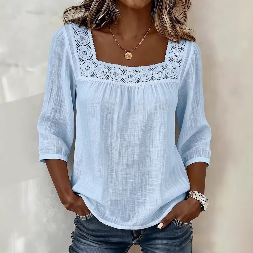 Women's Square Neck Lace Trim 3/4 Sleeve Cotton Blend Top