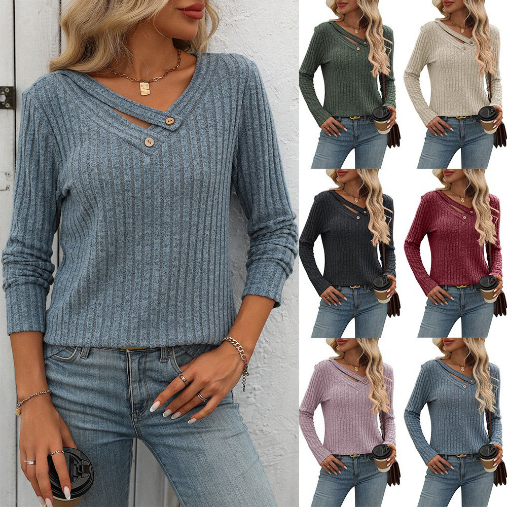 Women's V-Neck Button Knit Top Long Sleeve Slim Fit T-Shirt