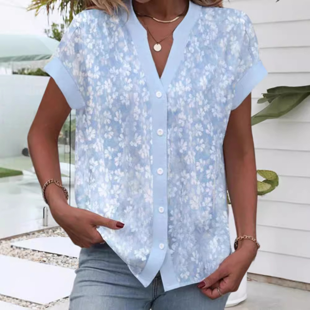 Floral Print V-Neck Short Sleeve Button Top