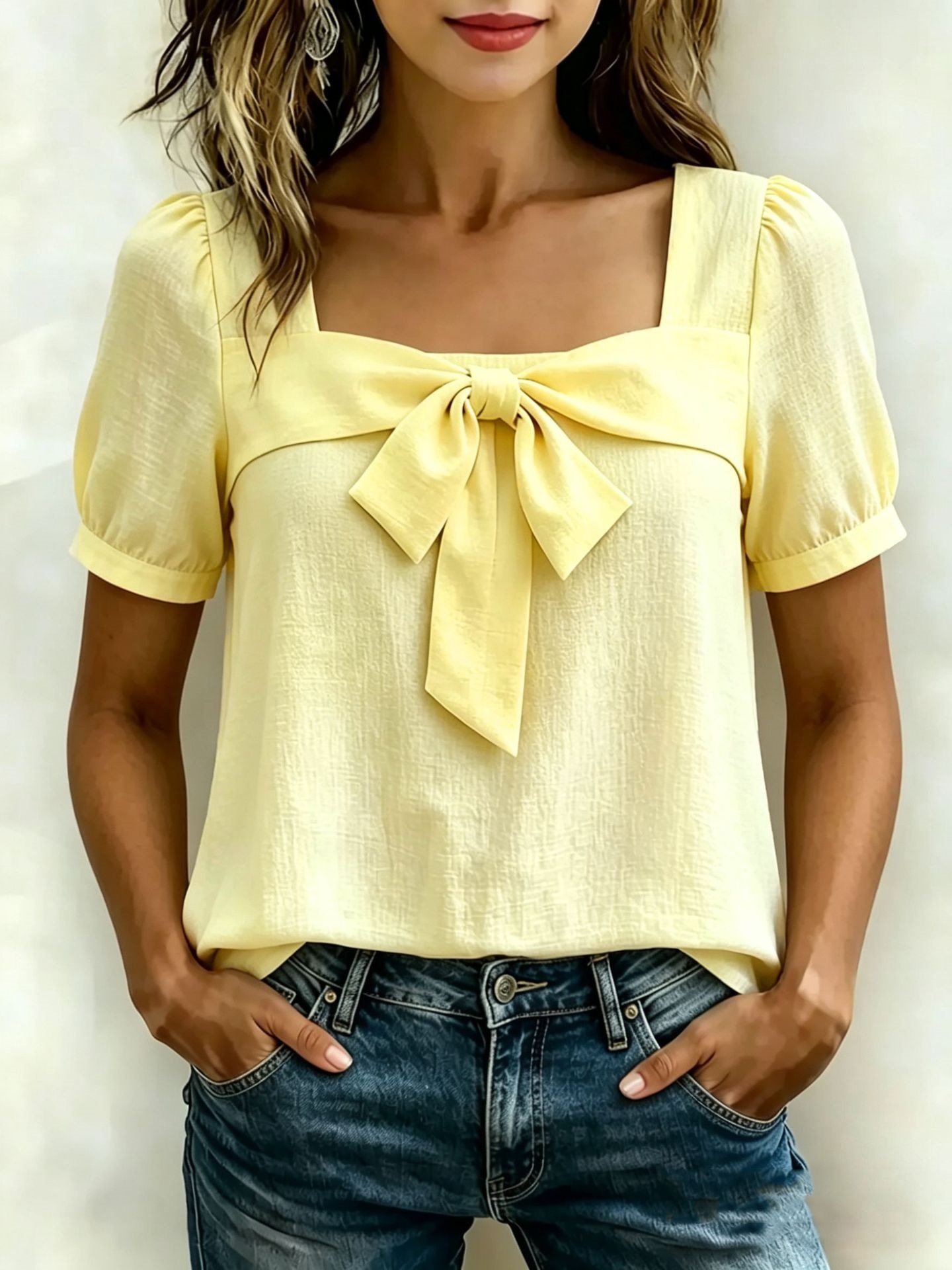 Women's Square Neck Bow Short Sleeve Top