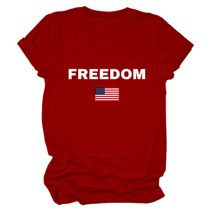 FREEDOM Letter American Flag Print Women's Short Sleeve Top